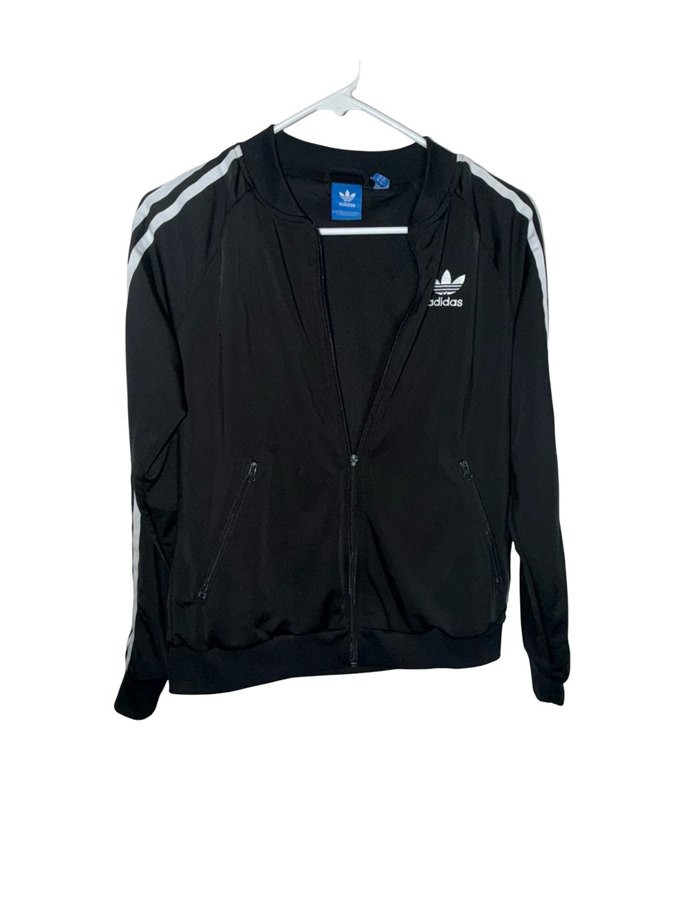 adidas Black Track Jacket with White Shoulder Stripes and Trefoil
